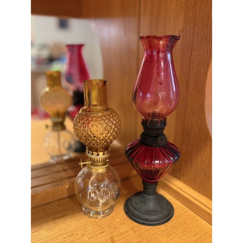 Lot 2 Minature Glass Oil Lamps Hong Kong Red Multi